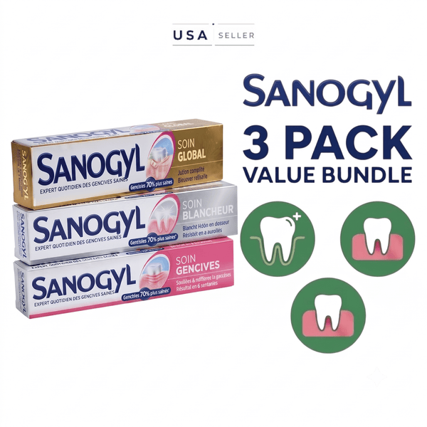 Sanogyl Soin Global Care Toothpaste + Sanogyl Soin Blancheur + Sanogyl Soin Gencives Daily Oral Care 3Pack of 75ml (2.5 Fl Oz) Each.
