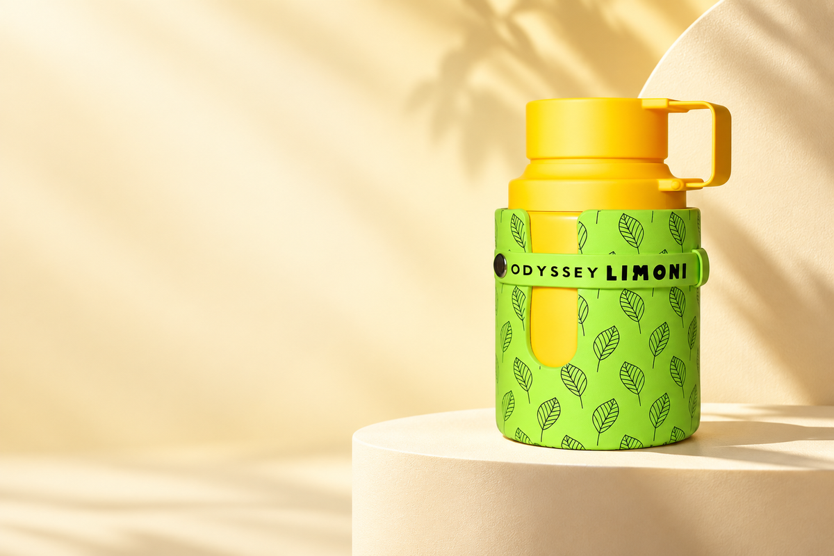 Armaf Odyssey Limoni Fresh perfume on a warm cream backdrop
