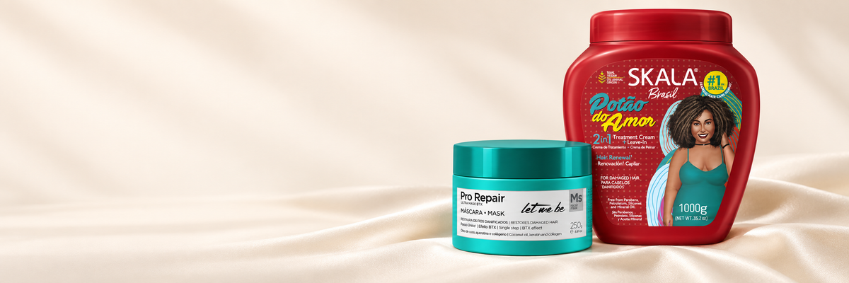 Skala Potao do Amor and Let Me Be Pro Repair hair masks on an ivory background