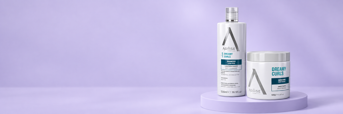 Agilise Dreamy Curls shampoo and mask on a lavender studio background